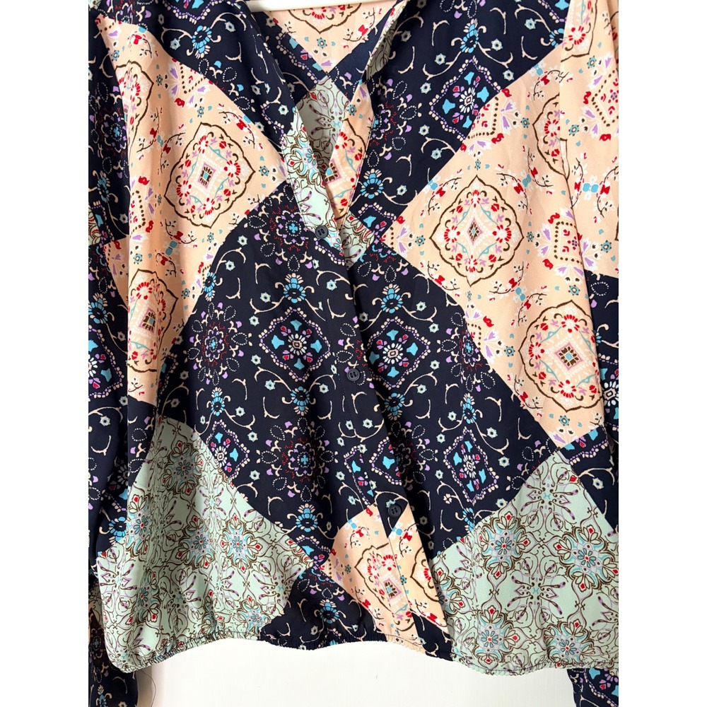 Pleione Womens XL Patchwork Medallion Print Surplice Wrap Blouse LongSleeve Navy - Picture 2 of 5